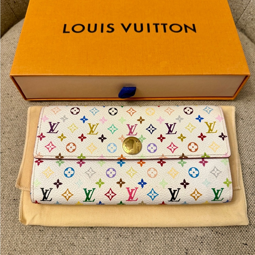 Louis Vuitton Takashi Murakami White Multicolor Sarah Long Wallet Pink Interior
